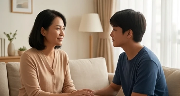 Người mẹ nhẹ nhàng trò chuyện và thấu hiểu tâm tư của con cái tuổi học trò bên phòng khách gia đình