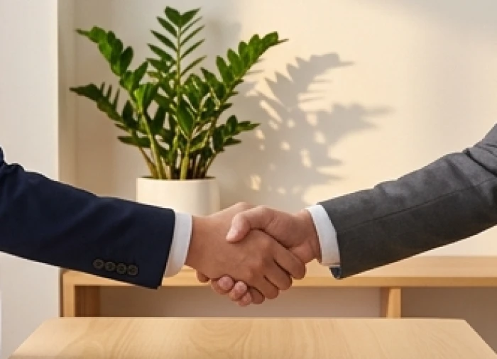 Hai bàn tay bắt tay nhau qua chiếc bàn làm việc có đặt chậu cây kim tiền tươi tốt