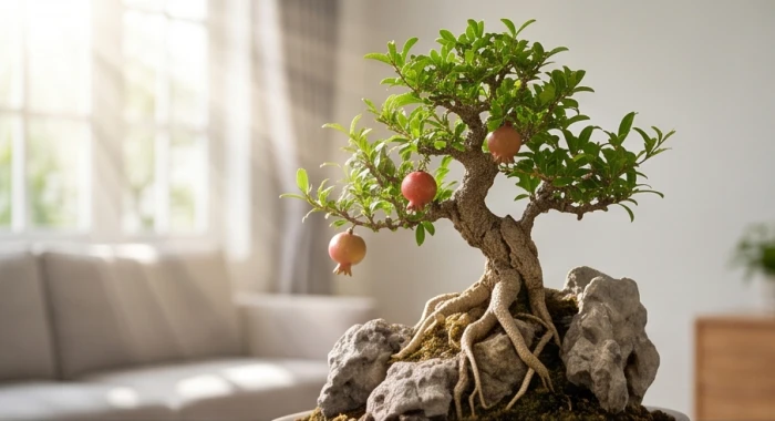 Chậu cây lựu nhỏ vươn mình trên phiến đá thể hiện ý chí kiên cường của người tuổi Tân Dậu 1981