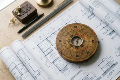 La bàn phong thủy đặt trên bản vẽ kiến trúc giúp xác định tân hợi 1971 hợp hướng nào để thu hút tài lộc