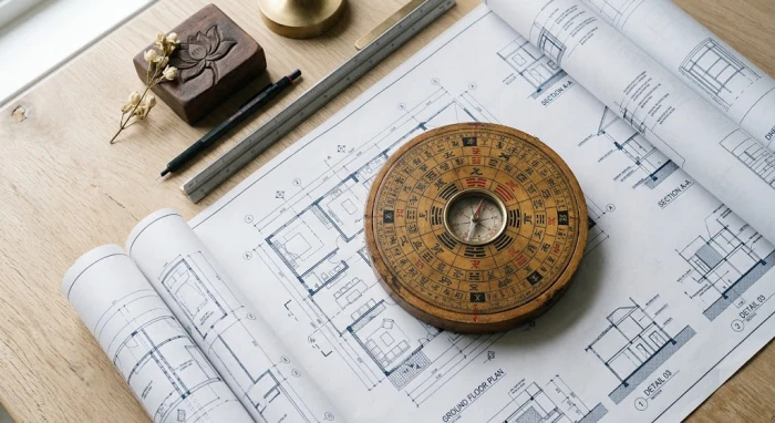 La bàn phong thủy đặt trên bản vẽ kiến trúc giúp xác định tân hợi 1971 hợp hướng nào để thu hút tài lộc
