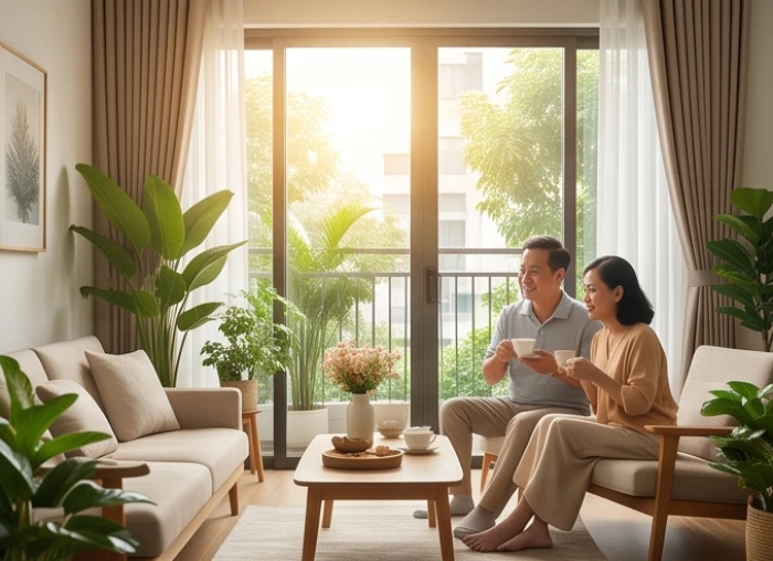 Không gian phòng khách ấm cúng của gia đình người tuổi Tân Hợi hạnh phúc bên bạn đời tương hợp