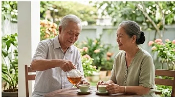 Cặp vợ chồng già cùng thưởng trà và ngắm cây cảnh bên hiên nhà trong buổi sáng yên bình