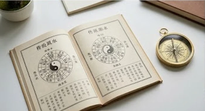 Sách phong thủy bát trạch mở trang cung Tốn bên la bàn trên bàn đọc sách gần cửa sổ đầy ánh sáng