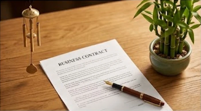Bản hợp đồng kinh doanh được sắp xếp trên bàn làm việc chuẩn phong thủy giúp các đối tác dễ dàng thỏa thuận