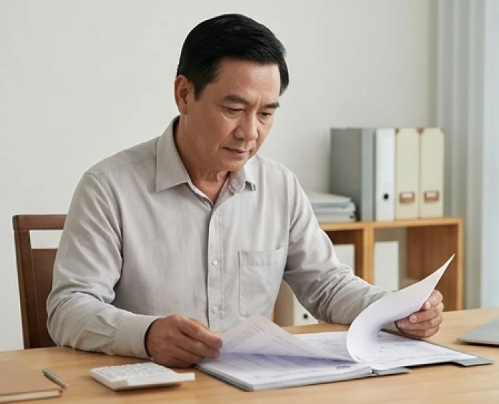 Người nam tuổi tân sửu 1961 cẩn thận kiểm tra tài liệu và sổ sách kế toán trong phòng làm việc