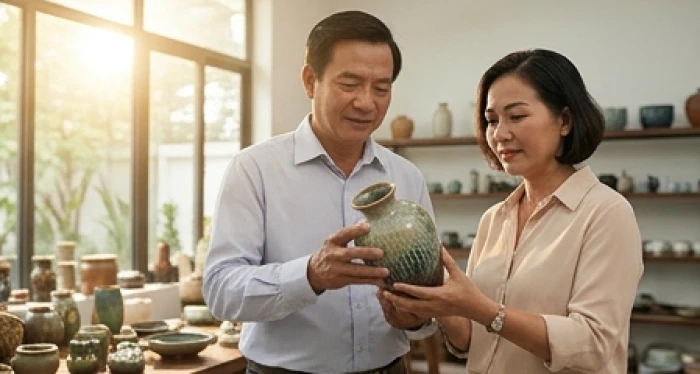 Doanh nhân Tân Sửu mệnh Thổ làm việc cùng đối tác mệnh Hỏa tại xưởng sản xuất thủ công mỹ nghệ cao cấp