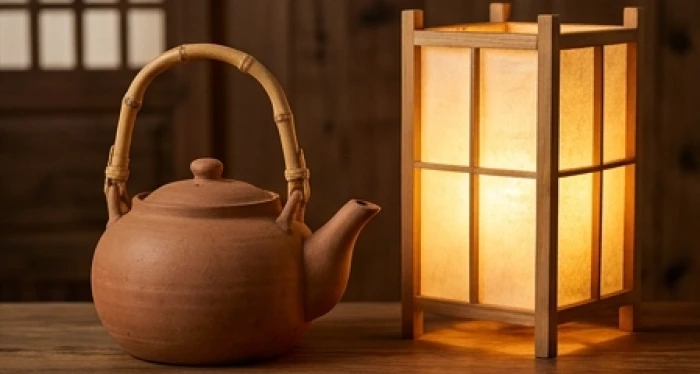 Góc trà đạo ấm cúng với bình gốm đất nung tượng trưng cho hành Thổ và Hỏa tương sinh của tuổi Tân Sửu