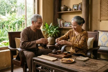 Không gian phòng khách ấm cúng thể hiện tân tỵ 1941 hợp màu gì qua tông màu nâu và trắng xám