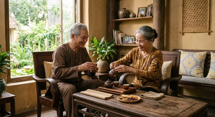 Không gian phòng khách ấm cúng thể hiện tân tỵ 1941 hợp màu gì qua tông màu nâu và trắng xám