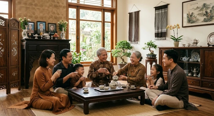 Không gian sống bình an của gia đình ba thế hệ giúp giải đáp tân tỵ 1941 hợp tuổi nào để phụng dưỡng