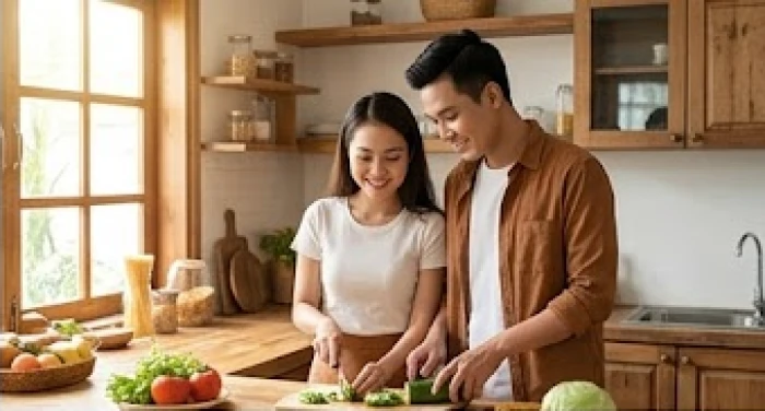Một cặp vợ chồng trẻ đang cùng nhau nấu ăn trong căn bếp ấm cúng thể hiện sự hòa hợp