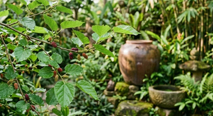 Nhánh dâu tằm xanh tốt bên chum nước gốm giúp bạn hiểu rõ tang đố mộc là gì trong phong thủy