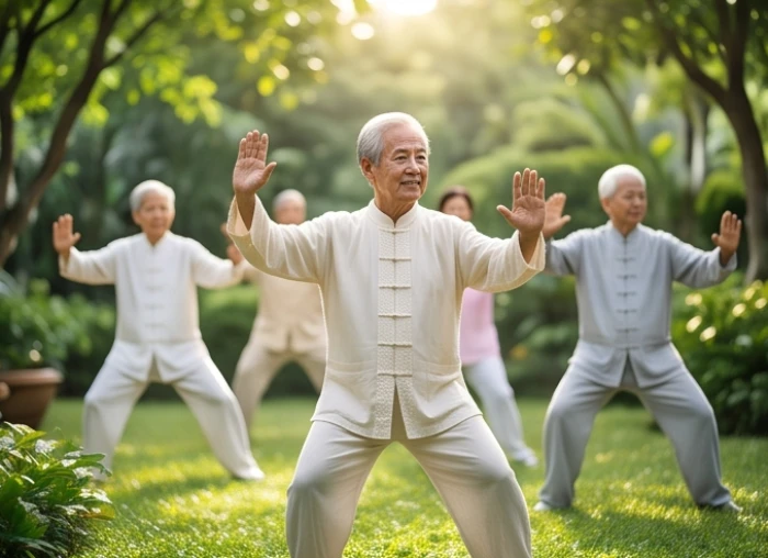 Những người lớn tuổi đang tập các động tác dưỡng sinh nhẹ nhàng trong không gian sân vườn yên tĩnh