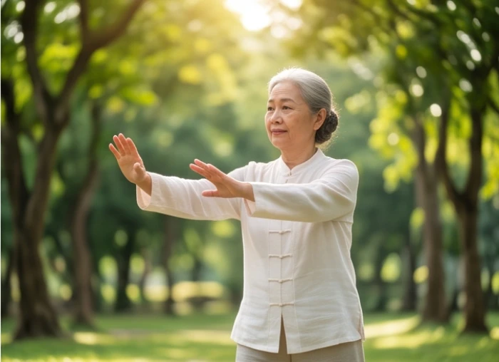 Người phụ nữ lớn tuổi tập dưỡng sinh nhẹ nhàng trong công viên cây xanh vào buổi sáng