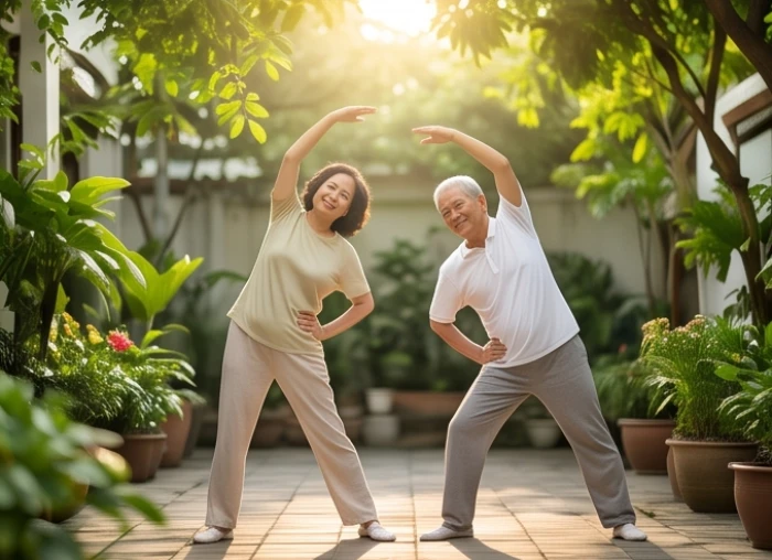 Cụ ông và cụ bà tập dưỡng sinh nhẹ nhàng dưới ánh nắng buổi sáng trong sân vườn thông thoáng