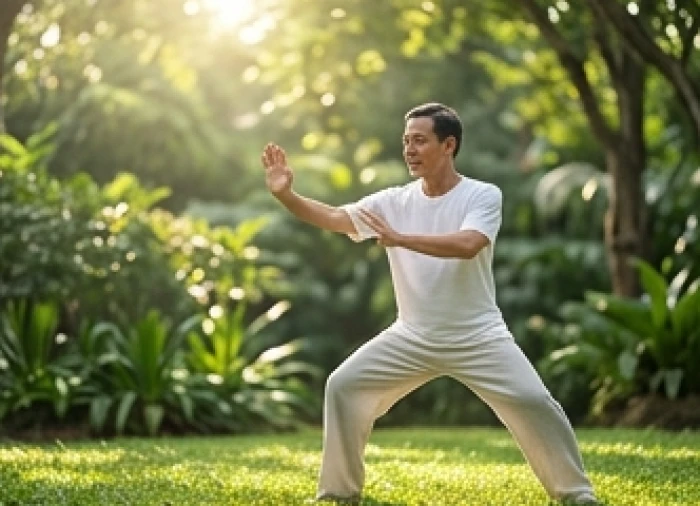 Người đàn ông trung niên thảnh thơi tập dưỡng sinh trong khu vườn xanh mát tràn ngập ánh nắng ban mai