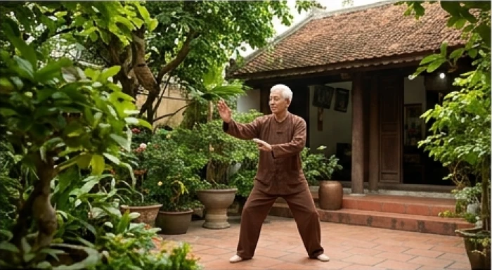 Người cao tuổi Tân Mão 1951 tập luyện Thái Cực Quyền nhẹ nhàng dưới bóng cây xanh râm mát vào buổi sáng trong lành