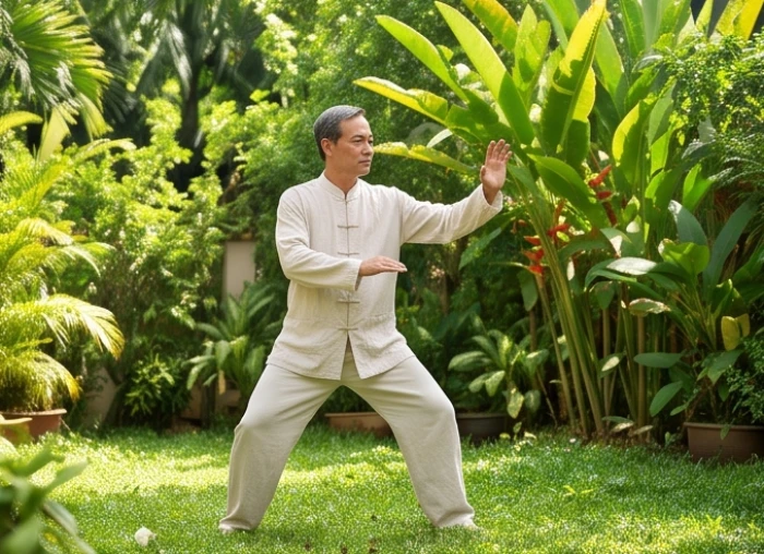 Người lớn tuổi sinh năm Giáp Thìn tập dưỡng sinh nhẹ nhàng lúc sáng sớm trong sân vườn xanh mát