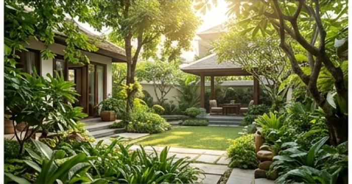 Không gian sân vườn yên tĩnh thích hợp cho việc tập luyện thể dục dưỡng sinh buổi sáng