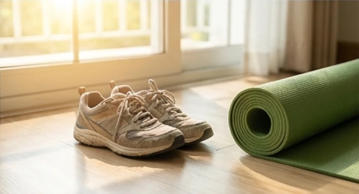 Đôi giày thể thao êm ái đặt cạnh chiếc thảm yoga cuộn tròn trên sàn gỗ trong một buổi sáng đầy nắng