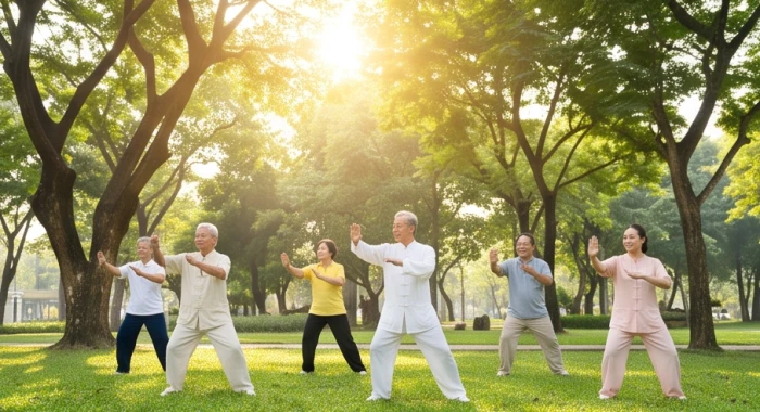 Nhóm người cao tuổi Kỷ Hợi tập dưỡng sinh buổi sáng tại công viên để giải tỏa áp lực tâm lý hạn Địa Võng