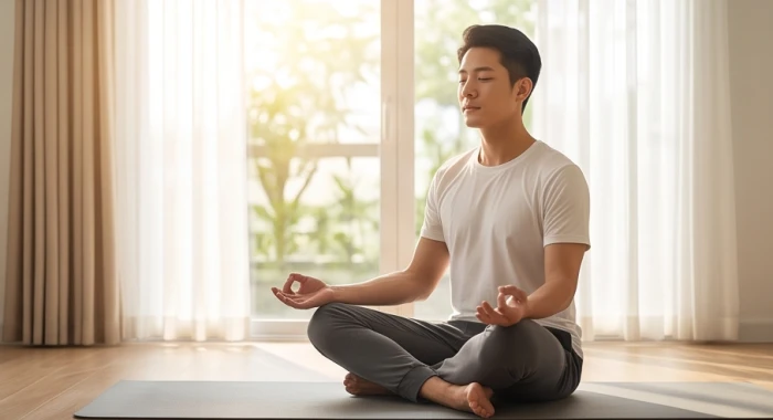 Nam thanh niên đang ngồi thiền và tập hít thở sâu trong không gian yên tĩnh ngập tràn ánh sáng