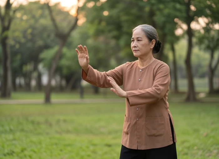 Nữ giới cao tuổi tập thể dục dưỡng sinh nhẹ nhàng dưới ánh nắng ban mai để tăng cường xương khớp