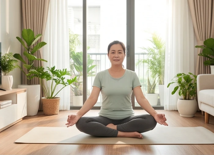 Phụ nữ trung niên rèn luyện sức khỏe bằng các bài tập yoga thư giãn trong phòng khách thoáng đãng
