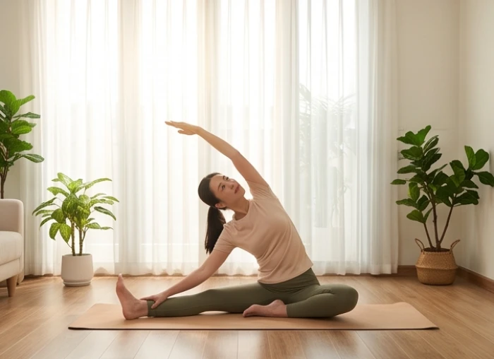 Người phụ nữ tập yoga thả lỏng cơ thể trong không gian phòng khách sáng sủa thoáng mát