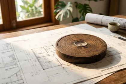 La bàn phong thủy đặt trên bản vẽ thiết kế nhà giúp gia chủ xác định tây tứ trạch là gì để chọn hướng đón vượng khí