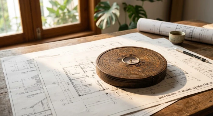 La bàn phong thủy đặt trên bản vẽ thiết kế nhà giúp gia chủ xác định tây tứ trạch là gì để chọn hướng đón vượng khí