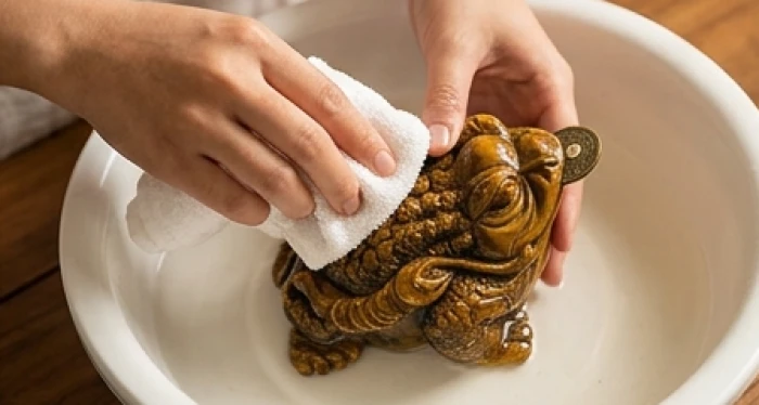 Chiếc khăn bông trắng nhúng dung dịch nước gừng đang lau chùi cẩn thận lớp bụi bẩn trên lưng thiềm thừ