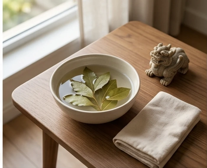 Bát gốm sứ chứa nước đun lá bưởi tươi và dung dịch rượu gừng ấm dùng để lau chùi thanh tẩy bề mặt tượng linh vật