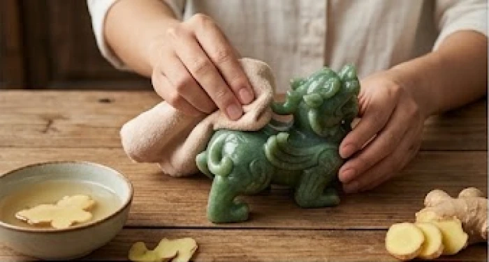 Tượng Tỳ Hưu bằng đá cẩm thạch được làm sạch bằng khăn mềm thấm rượu gừng trên bàn gỗ