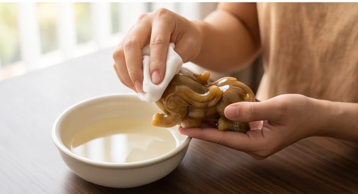 Dùng khăn bông mềm nhúng nước ấm pha rượu trắng lau nhẹ nhàng bề mặt tượng tỳ hưu đá tự nhiên để tẩy uế và tịnh hóa