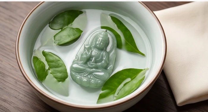 Mặt phật Phổ Hiền ngâm trong bát nước thanh tẩy pha nước lá bưởi tươi cùng khăn vải mềm sạch đặt cạnh bên