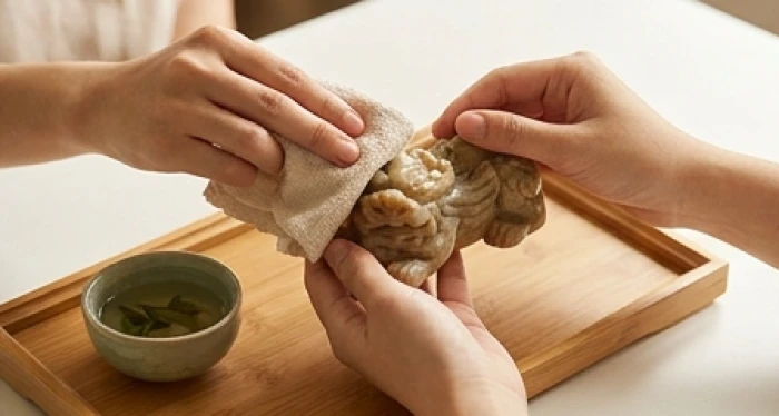 Đôi tay dùng chiếc khăn vải mềm ẩm lau sạch bề mặt tượng linh vật bằng đá tự nhiên trên chiếc khay trà gốm