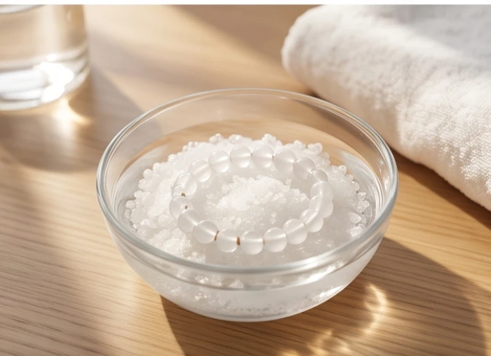 Vòng đá thạch anh trắng được ngâm trong bát nước muối hạt sạch để thanh tẩy âm khí trước khi sử dụng