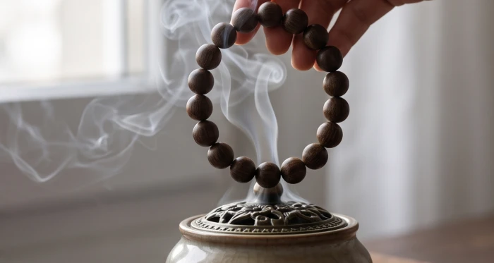 Chuỗi vòng tay gỗ trầm hương đang được xoay đều trên làn khói thơm tỏa ra từ đỉnh lư xông trầm gốm