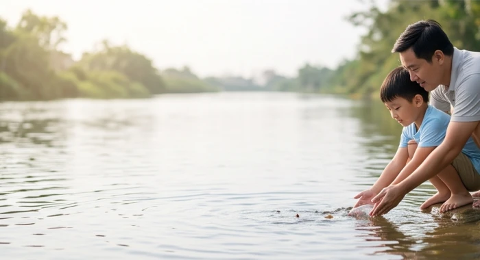 Cha mẹ cùng bé trai 8 tuổi cẩn thận thả cá nhỏ xuống bờ sông hiền hòa vào buổi sáng ngày rằm bình an