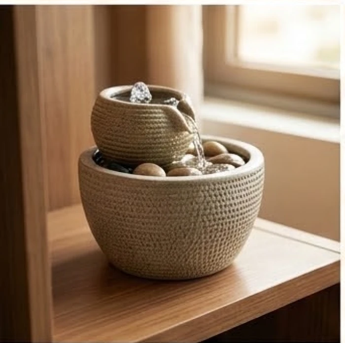 Một thác nước tuần hoàn nhỏ bằng gốm sứ được đặt tinh tế trên kệ gỗ trong phòng khách gia đình