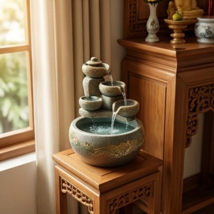 Tiểu cảnh thác nước mini róc rách chảy được đặt tinh tế cạnh tủ thờ gỗ giúp tiêu tan sát khí do lỗi phương vị