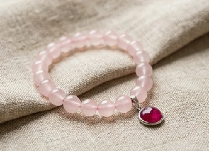 Vòng tay thạch anh hồng trong suốt bóng dịu và mặt dây chuyền đá ruby đỏ tự nhiên cao cấp