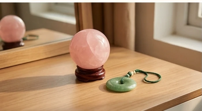 Quả cầu thạch anh hồng tròn đầy cùng mặt dây đồng điếu ngọc bích đặt trang trọng trên bàn trang điểm