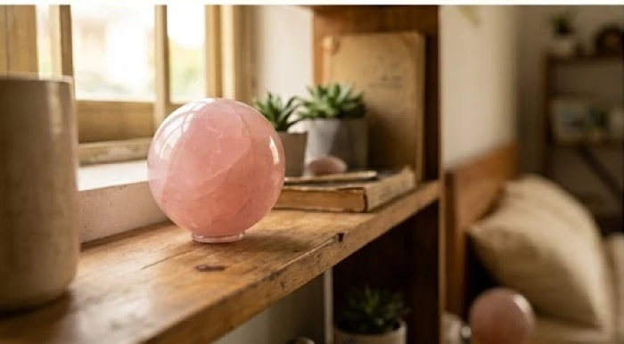 Quả cầu đá thạch anh hồng tỏa ánh sáng dịu nhẹ được đặt ngay ngắn trên chiếc kệ gỗ trong phòng ngủ