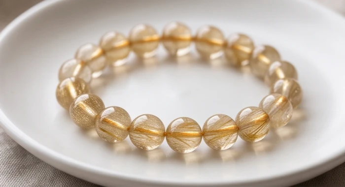 Chiếc vòng tay thạch anh tóc vàng rực rỡ dưới ánh sáng thể hiện rõ các tinh thể tóc bên trong