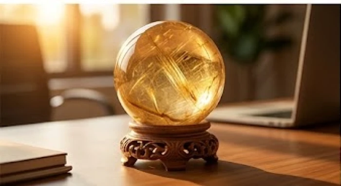 Quả cầu thạch anh tóc vàng lấp lánh đặt trên đế gỗ uy nghi tại góc làm việc của người mệnh Thổ