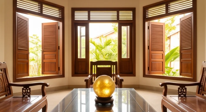 Quả cầu thạch anh vàng trong phòng khách thông thoáng ngập nắng sáng giúp hóa giải xung khắc tuổi đại kỵ