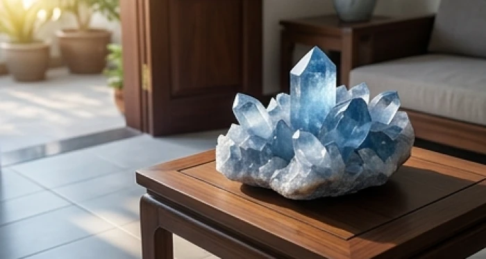Cụm tinh thể thạch anh tự nhiên đặt ở góc phòng khách giúp điều hòa sinh khí và mang lại bình yên.